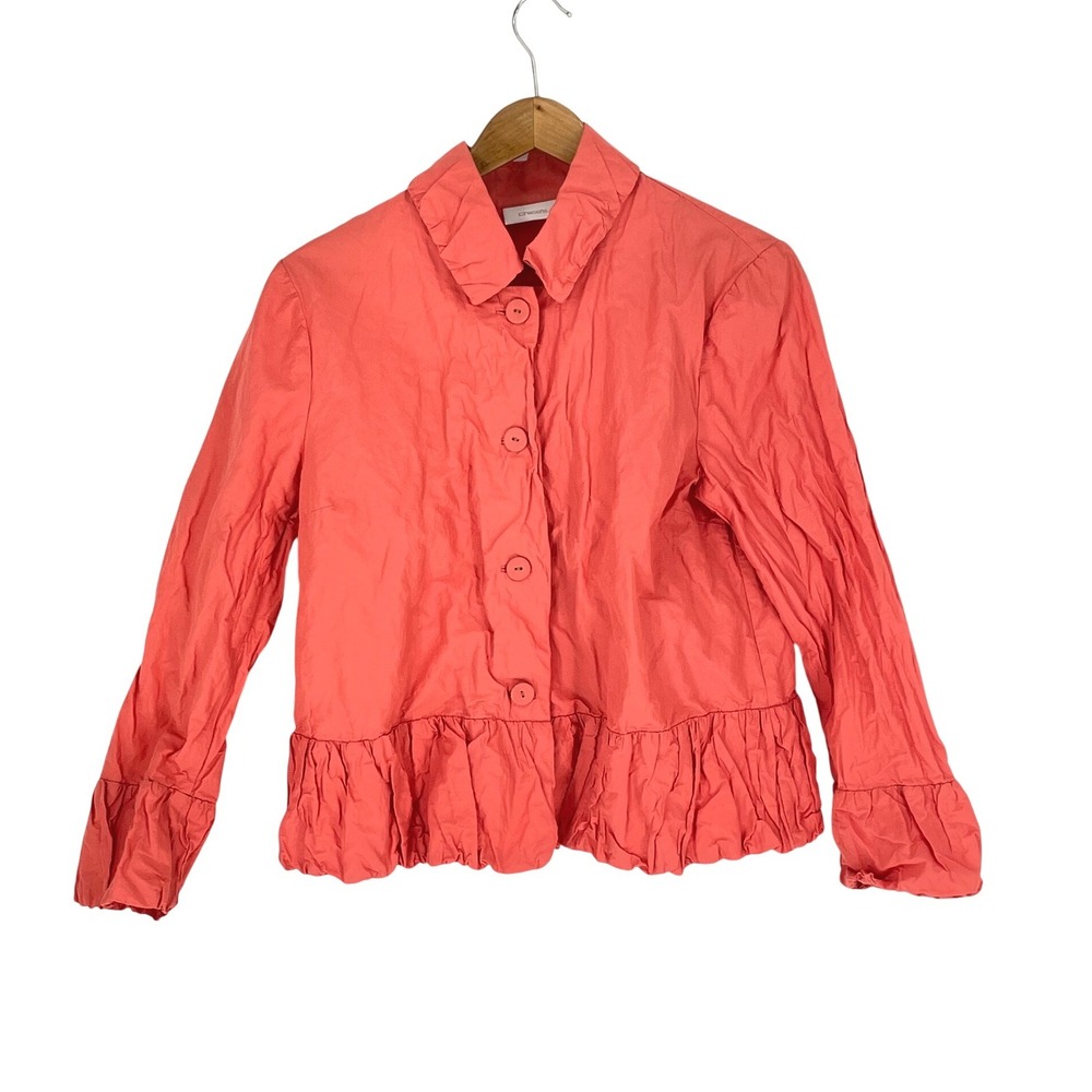 Chicos Womens Jacket 2 M/L Coral Orange Ruffle Hem Crinkle Button Front
